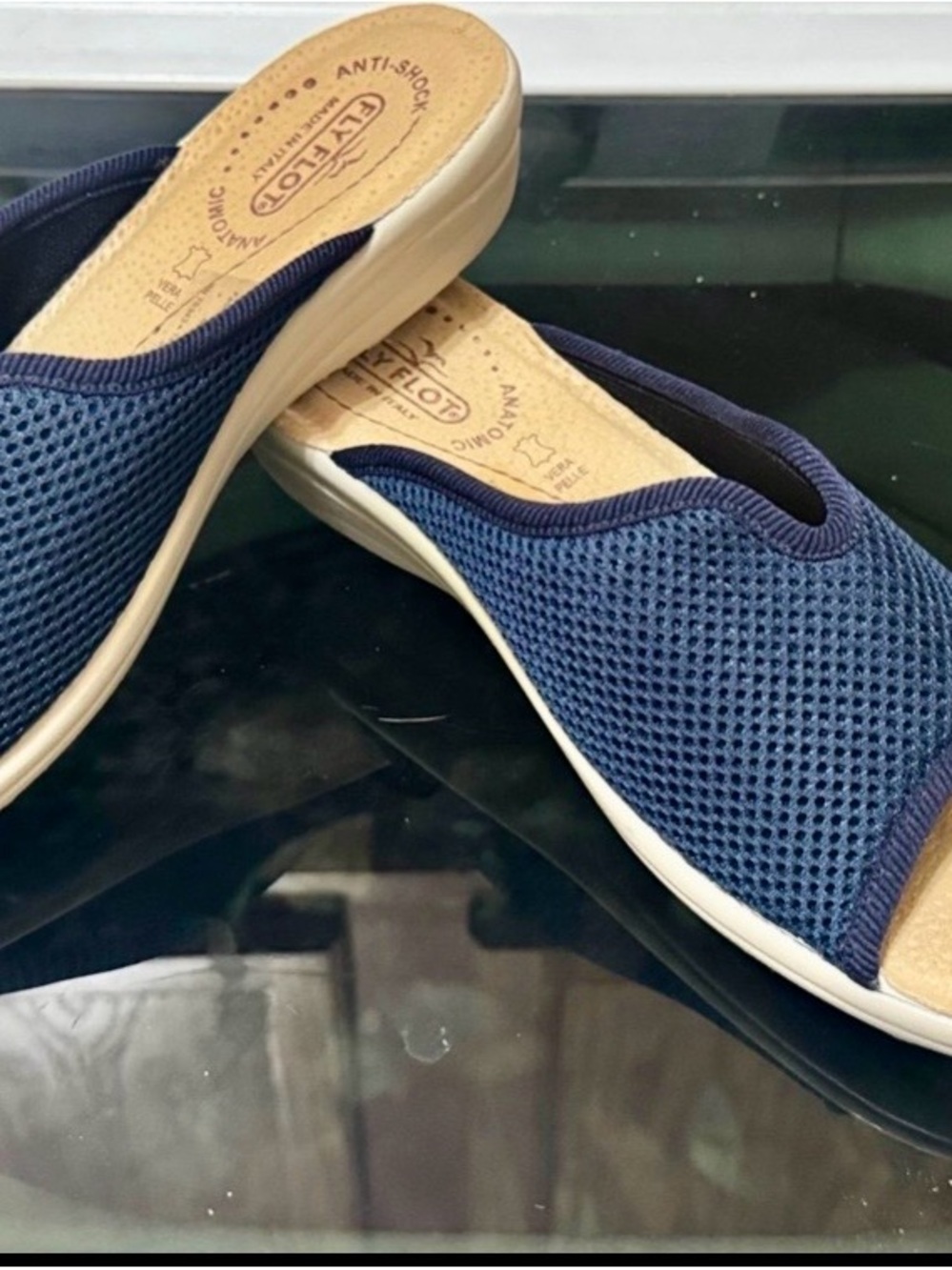 Fly Flot Italy Navy Mule Cloth Sandals Slides Anti Shock Heel Size 39 (8-8.5)
